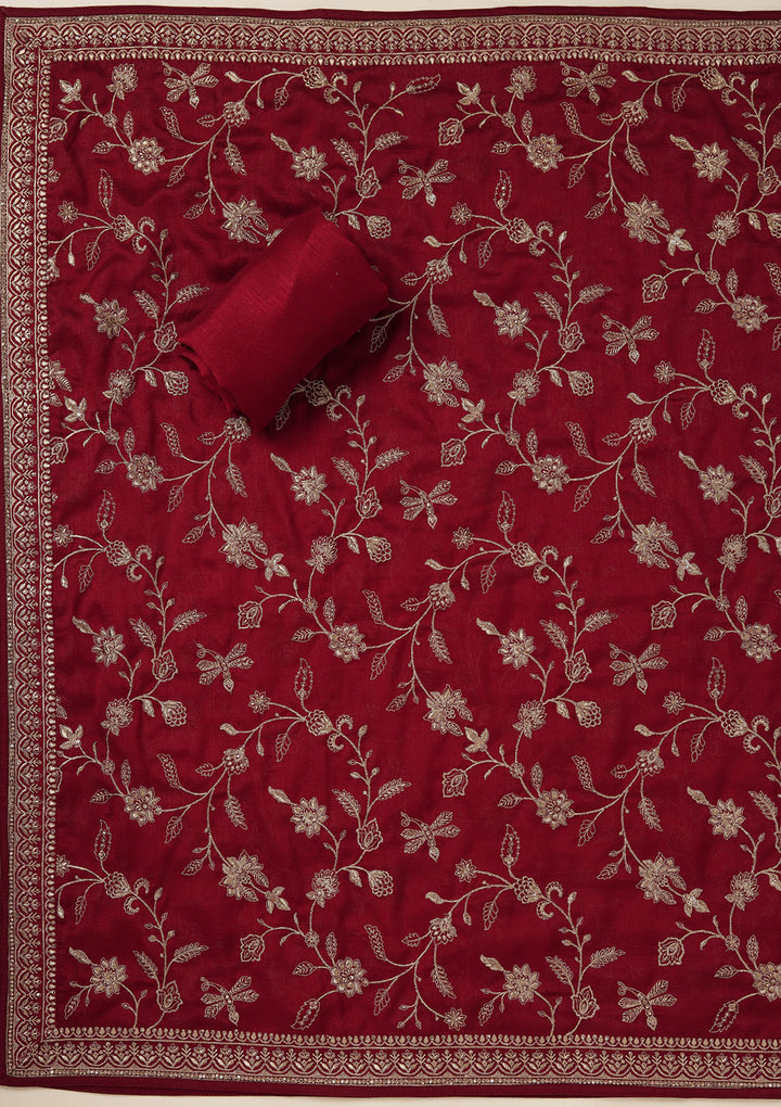 Maroon Zariwork (Gold) Soft Raw Silk Unstitched Salwar Suit