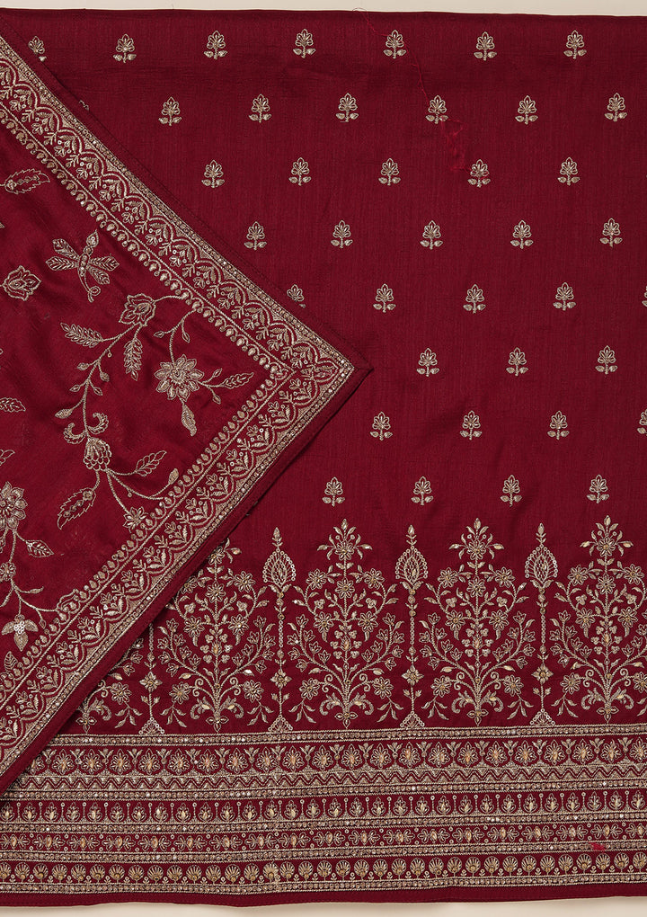 Maroon Zariwork (Gold) Soft Raw Silk Unstitched Salwar Suit