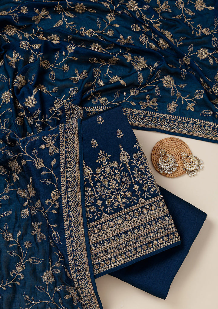 Peacock Blue Zariwork (Gold) Soft Raw Silk Unstitched Salwar Suit