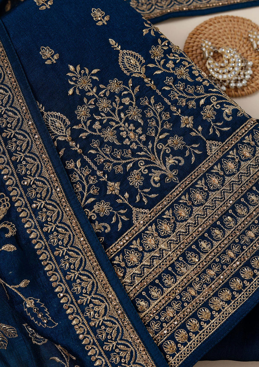 Peacock Blue Zariwork (Gold) Soft Raw Silk Unstitched Salwar Suit