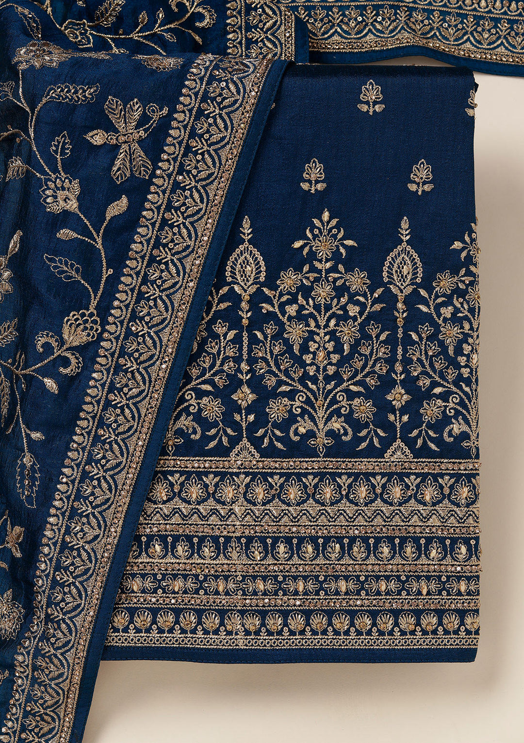 Peacock Blue Zariwork (Gold) Soft Raw Silk Unstitched Salwar Suit