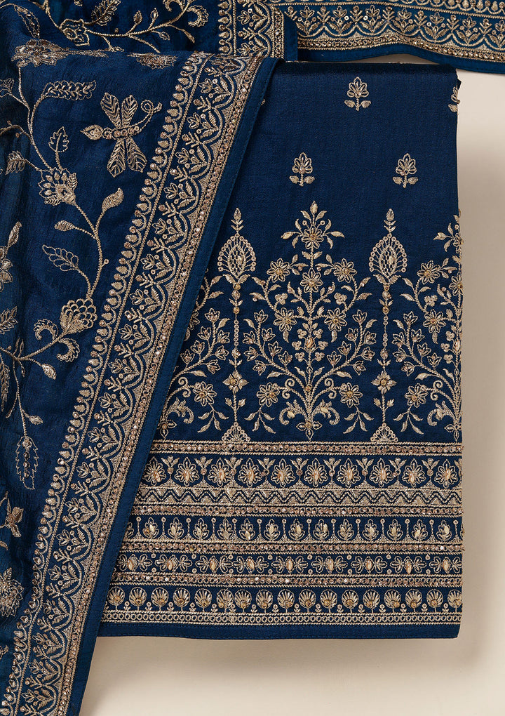 Peacock Blue Zariwork (Gold) Soft Raw Silk Unstitched Salwar Suit