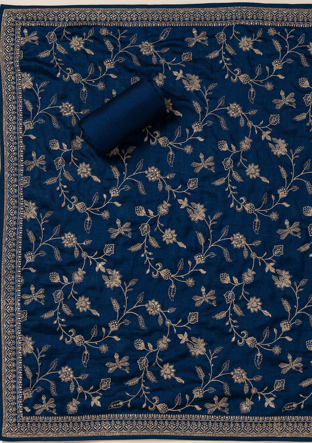 Peacock Blue Zariwork (Gold) Soft Raw Silk Unstitched Salwar Suit