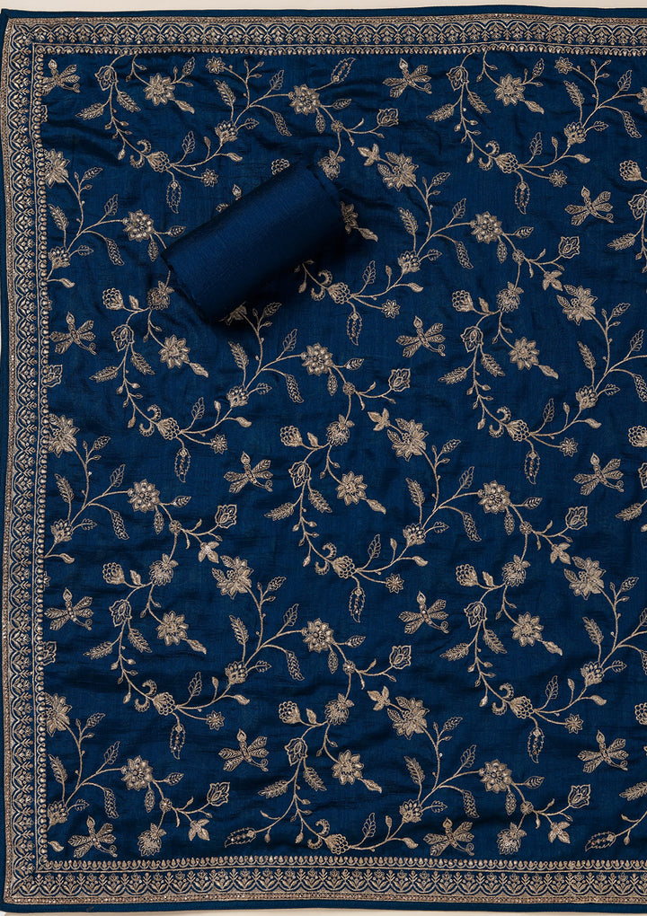 Peacock Blue Zariwork (Gold) Soft Raw Silk Unstitched Salwar Suit