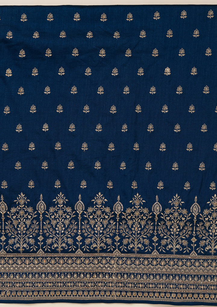 Peacock Blue Zariwork (Gold) Soft Raw Silk Unstitched Salwar Suit