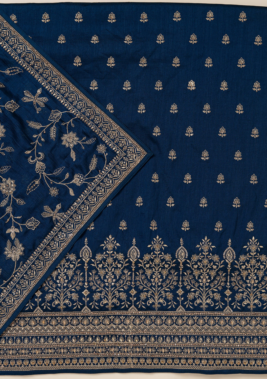 Peacock Blue Zariwork (Gold) Soft Raw Silk Unstitched Salwar Suit