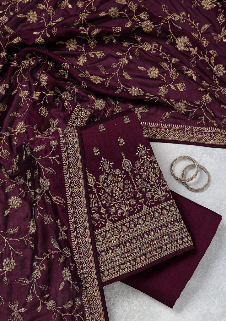 Wine Zariwork (Gold) Soft Raw Silk Unstitched Salwar Suit