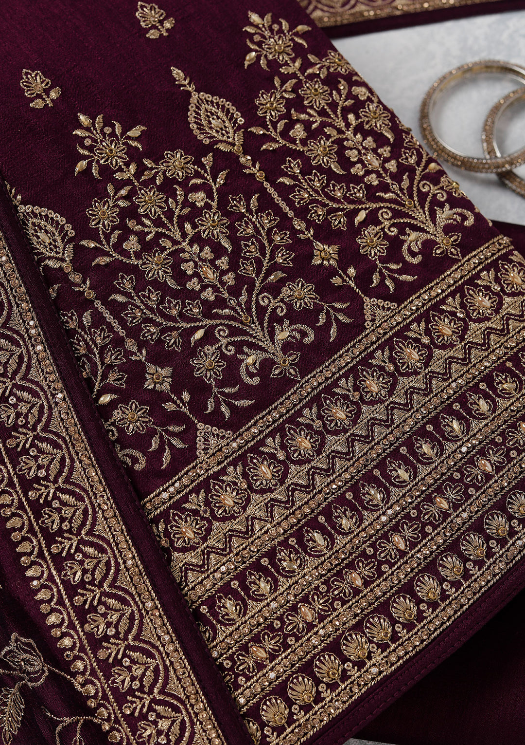 Wine Zariwork (Gold) Soft Raw Silk Unstitched Salwar Suit