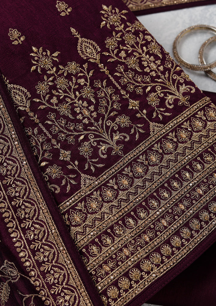 Wine Zariwork (Gold) Soft Raw Silk Unstitched Salwar Suit