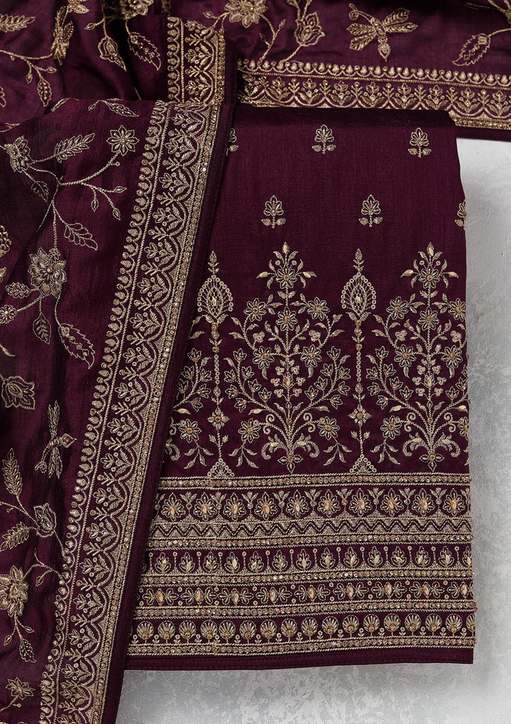 Wine Zariwork (Gold) Soft Raw Silk Unstitched Salwar Suit