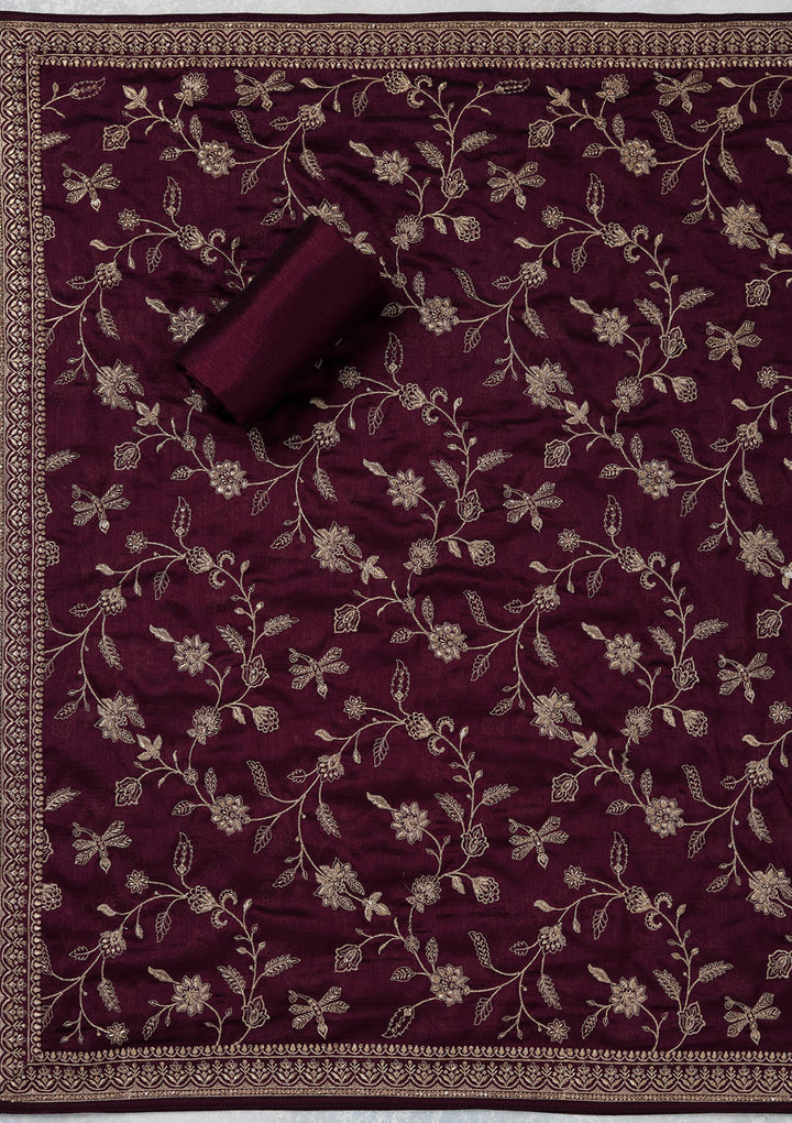 Wine Zariwork (Gold) Soft Raw Silk Unstitched Salwar Suit