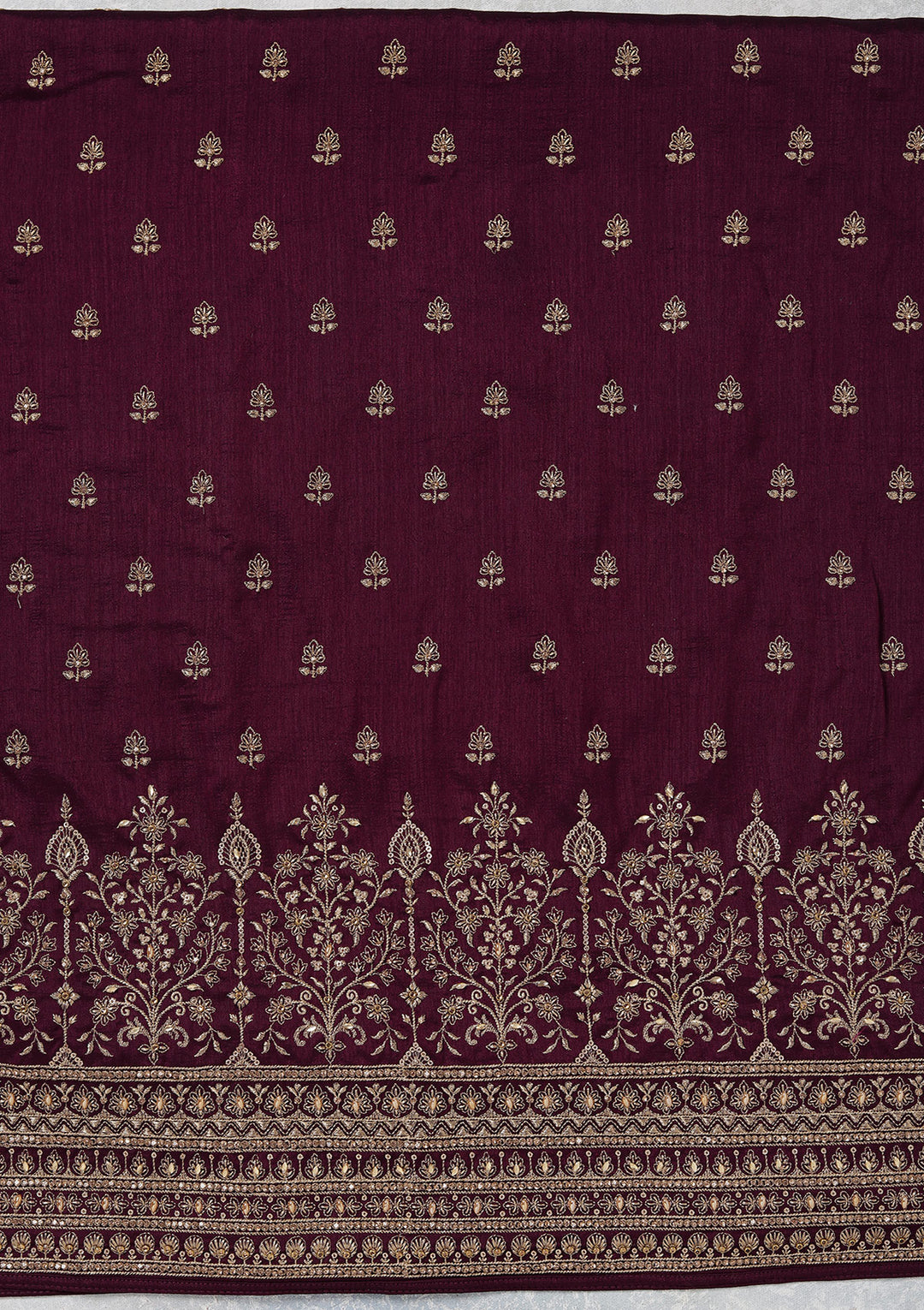 Wine Zariwork (Gold) Soft Raw Silk Unstitched Salwar Suit