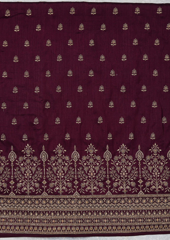 Wine Zariwork (Gold) Soft Raw Silk Unstitched Salwar Suit