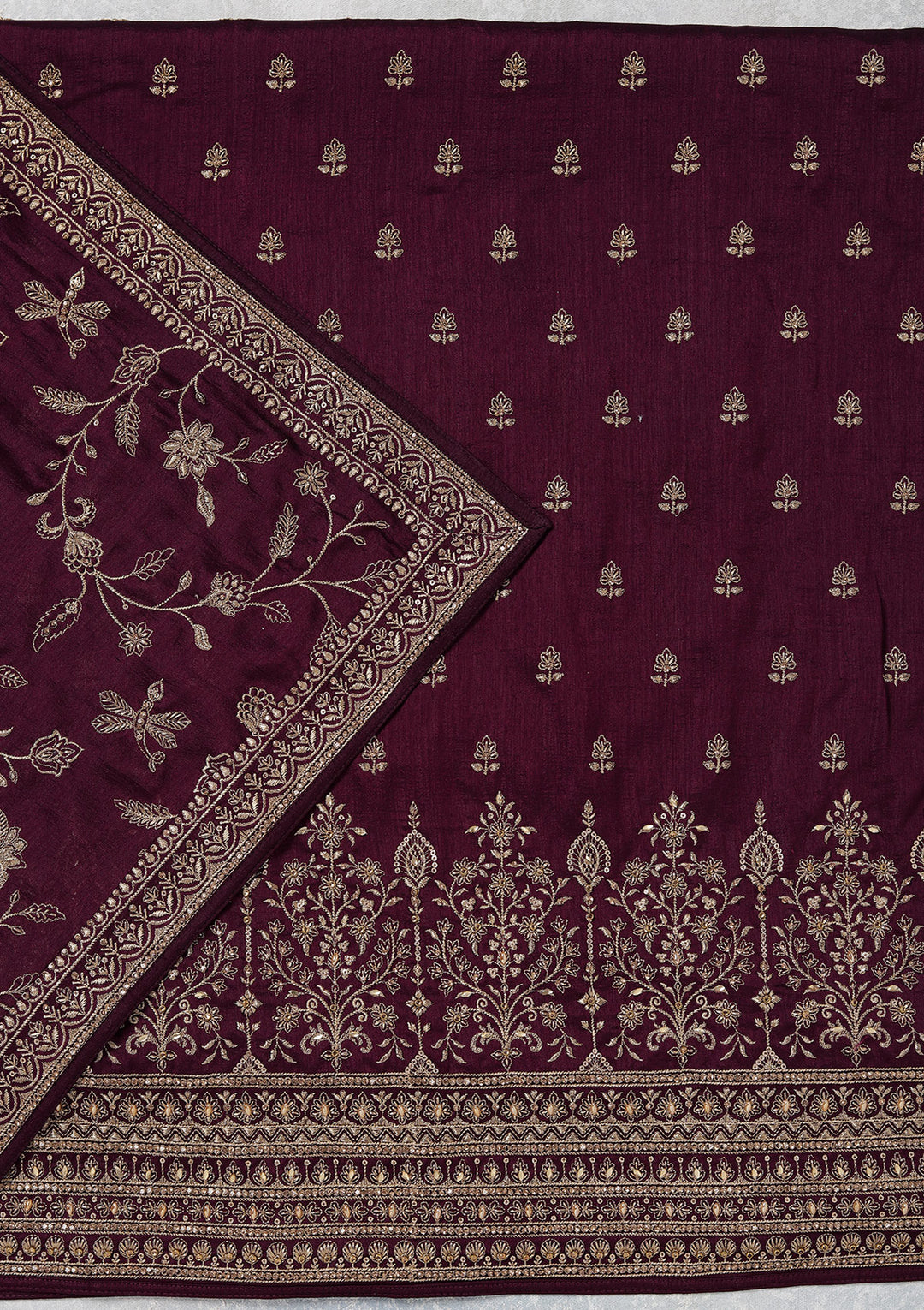 Wine Zariwork (Gold) Soft Raw Silk Unstitched Salwar Suit