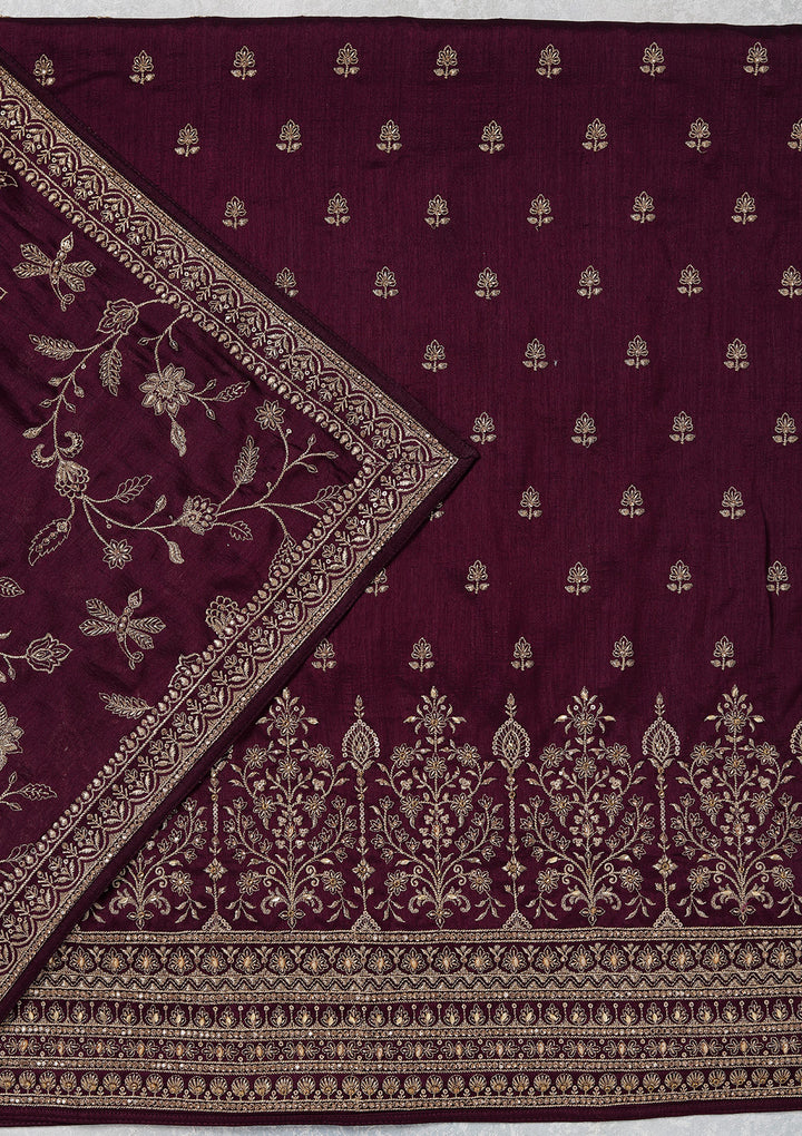 Wine Zariwork (Gold) Soft Raw Silk Unstitched Salwar Suit