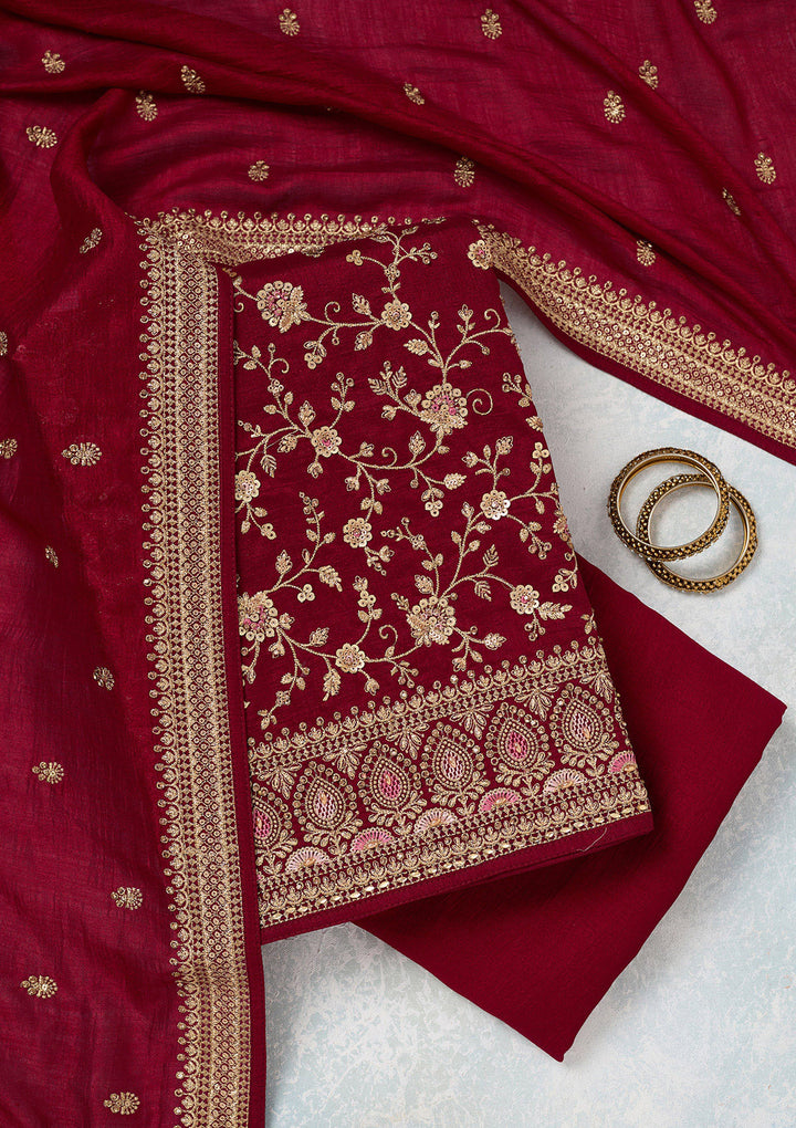 Maroon Zariwork (Gold) Soft Raw Silk Unstitched Salwar Suit