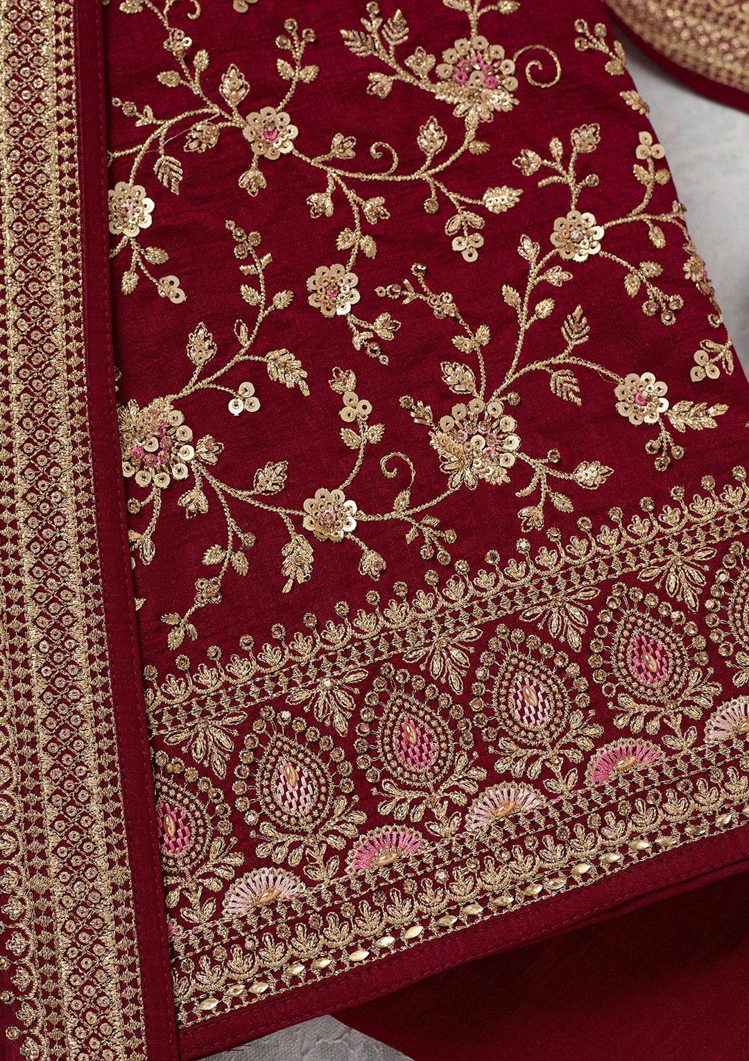 Maroon Zariwork (Gold) Soft Raw Silk Unstitched Salwar Suit