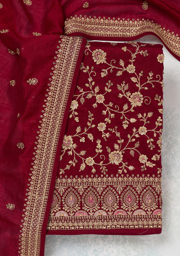 Maroon Zariwork (Gold) Soft Raw Silk Unstitched Salwar Suit