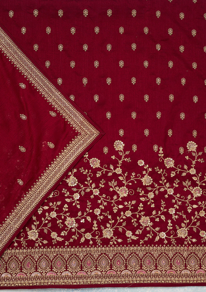 Maroon Zariwork (Gold) Soft Raw Silk Unstitched Salwar Suit