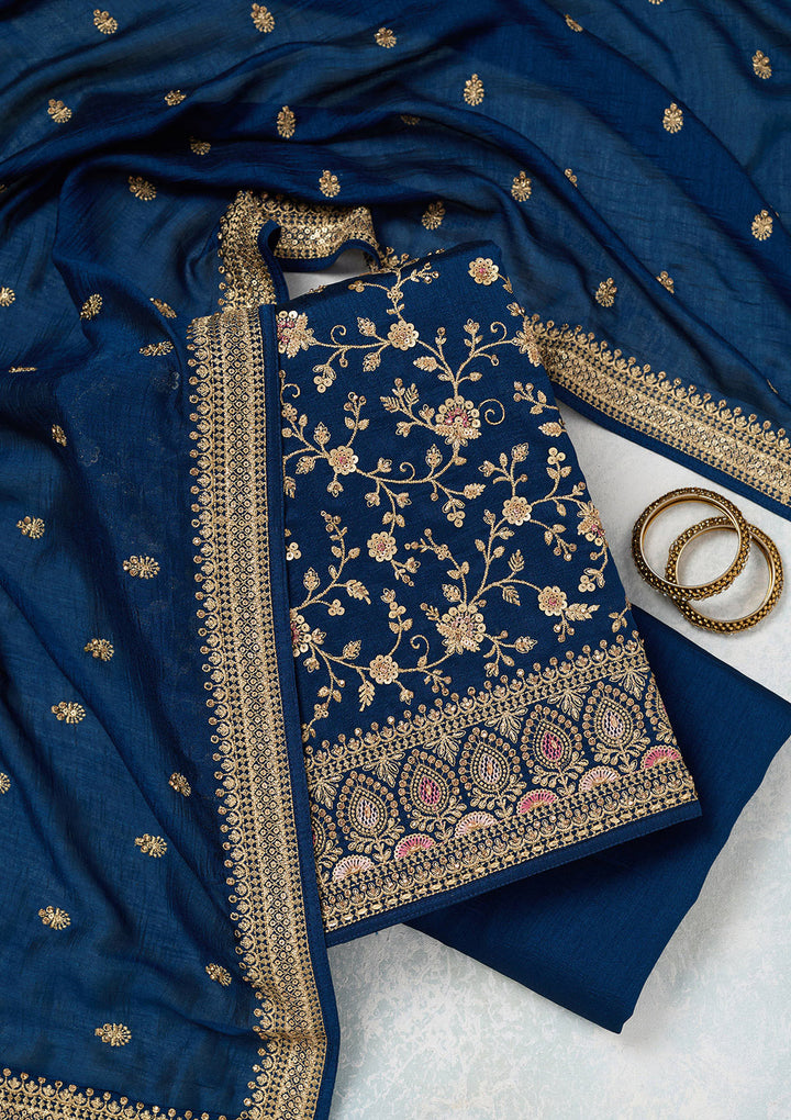 Peacock Blue Zariwork (Gold) Soft Raw Silk Unstitched Salwar Suit