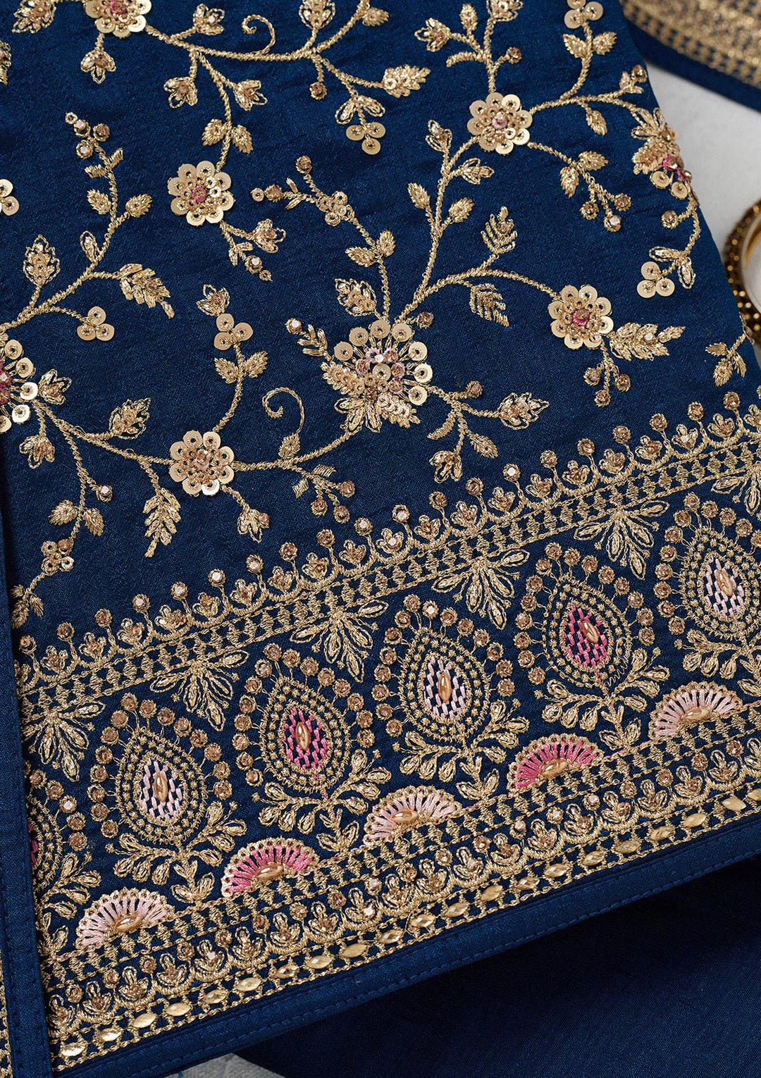 Peacock Blue Zariwork (Gold) Soft Raw Silk Unstitched Salwar Suit