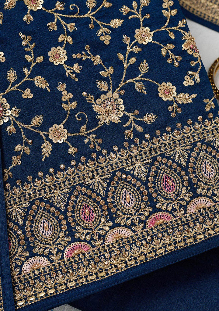 Peacock Blue Zariwork (Gold) Soft Raw Silk Unstitched Salwar Suit