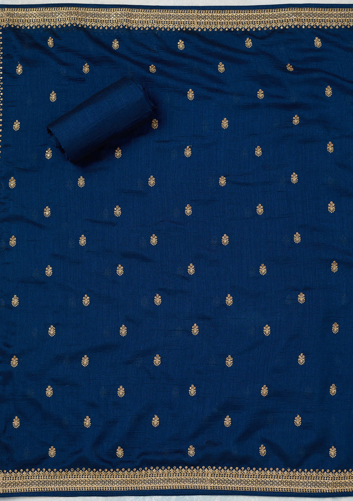 Peacock Blue Zariwork (Gold) Soft Raw Silk Unstitched Salwar Suit