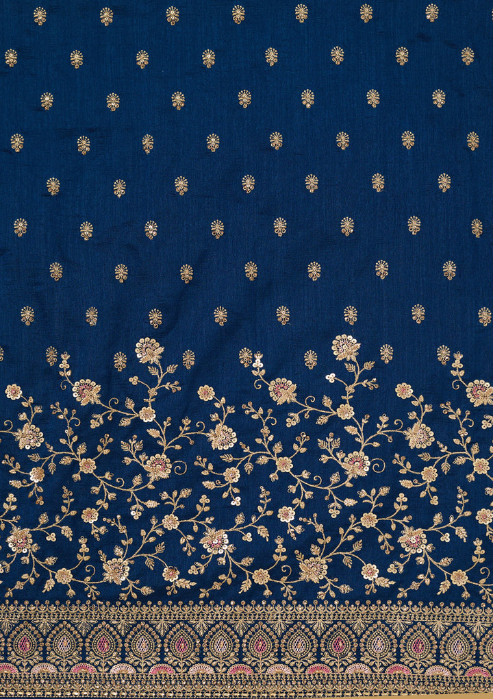 Peacock Blue Zariwork (Gold) Soft Raw Silk Unstitched Salwar Suit