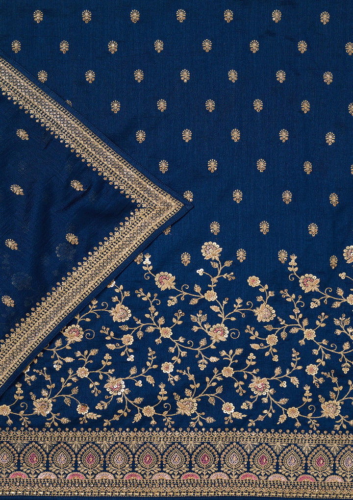 Peacock Blue Zariwork (Gold) Soft Raw Silk Unstitched Salwar Suit