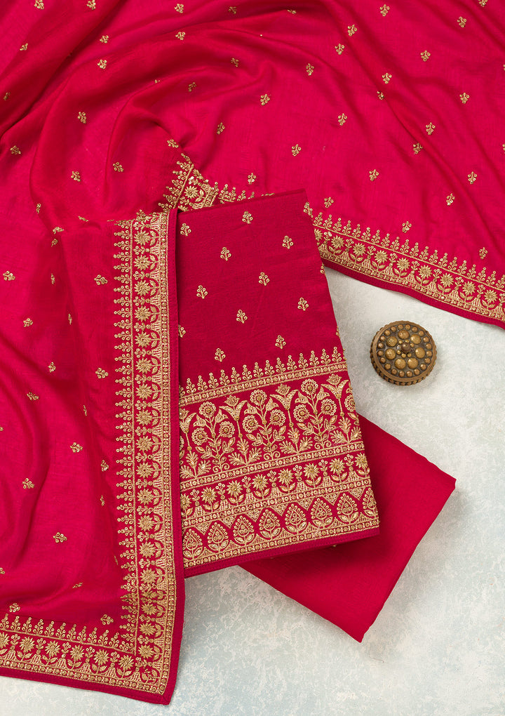 Rani Pink Cording Soft Raw Silk Unstitched Salwar Suit
