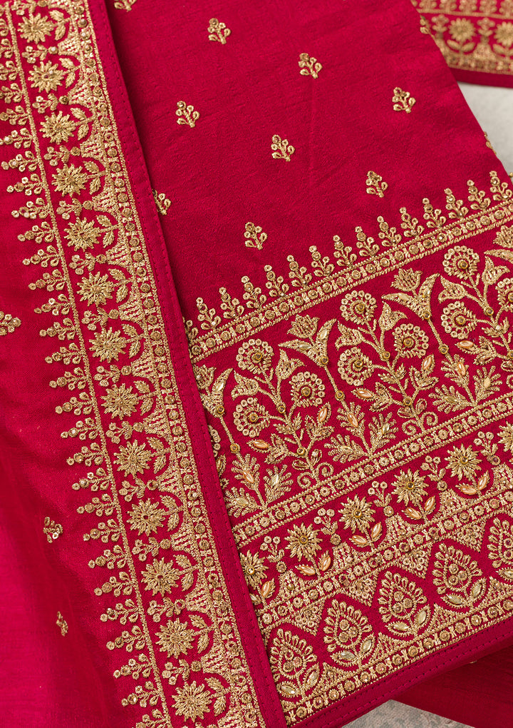 Rani Pink Cording Soft Raw Silk Unstitched Salwar Suit