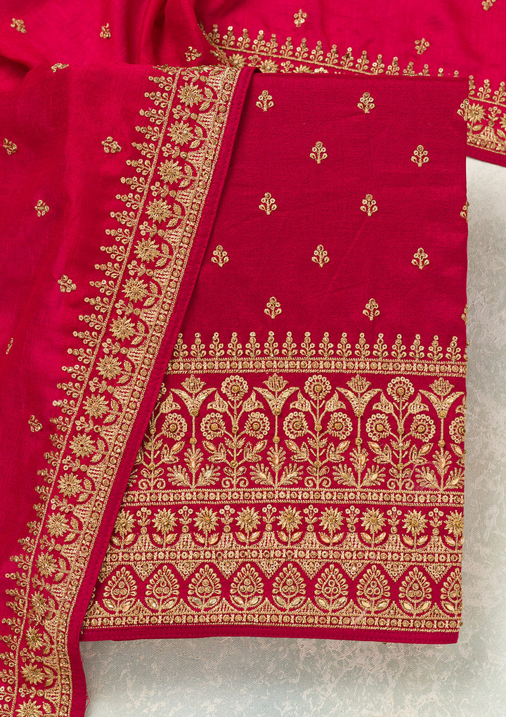 Rani Pink Cording Soft Raw Silk Unstitched Salwar Suit