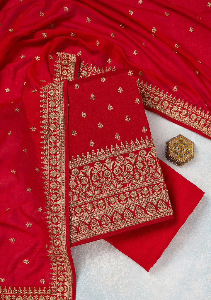 Red Zariwork (Gold) Soft Raw Silk Unstitched Salwar Suit