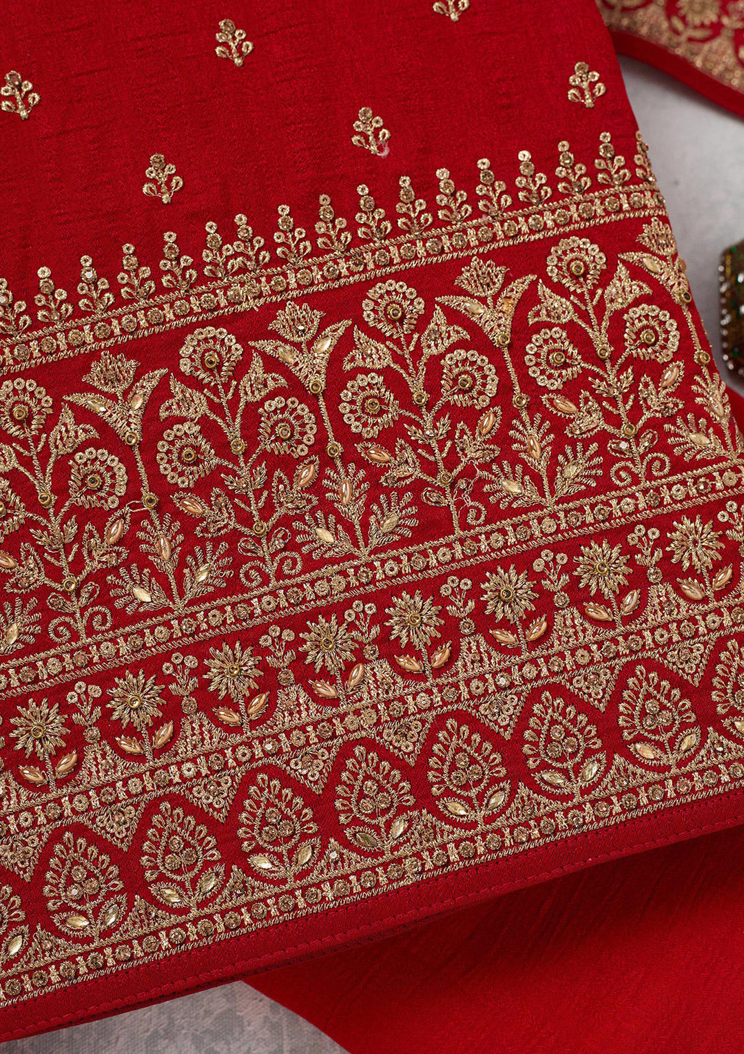 Red Zariwork (Gold) Soft Raw Silk Unstitched Salwar Suit
