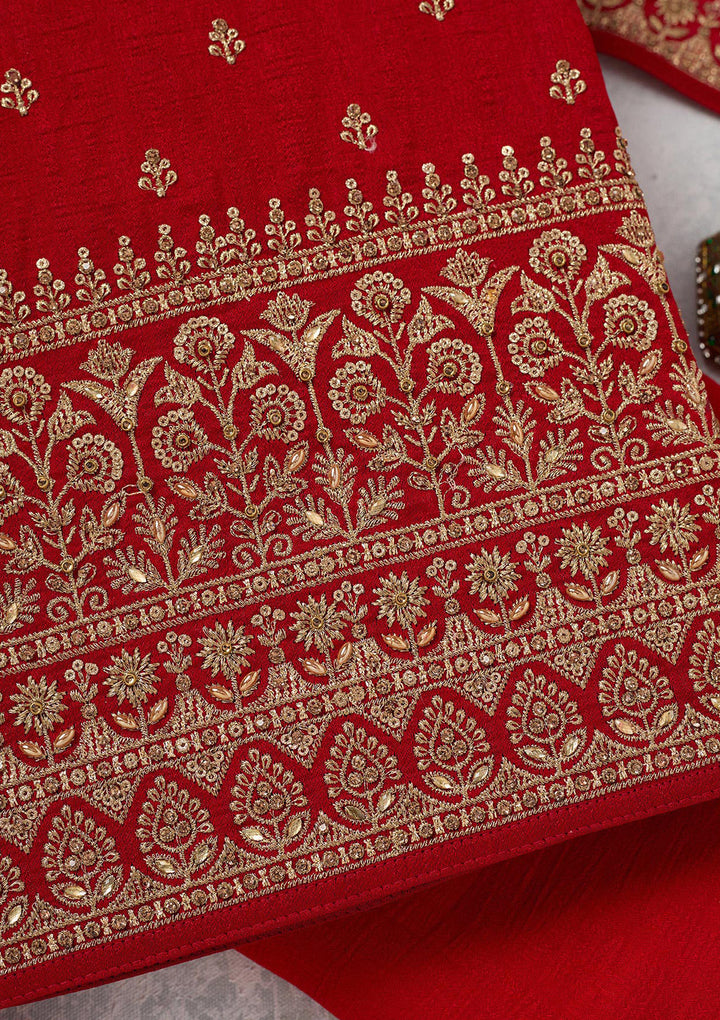 Red Zariwork (Gold) Soft Raw Silk Unstitched Salwar Suit