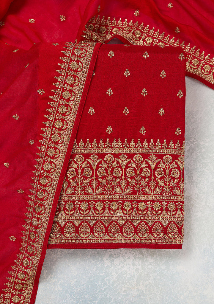 Red Zariwork (Gold) Soft Raw Silk Unstitched Salwar Suit