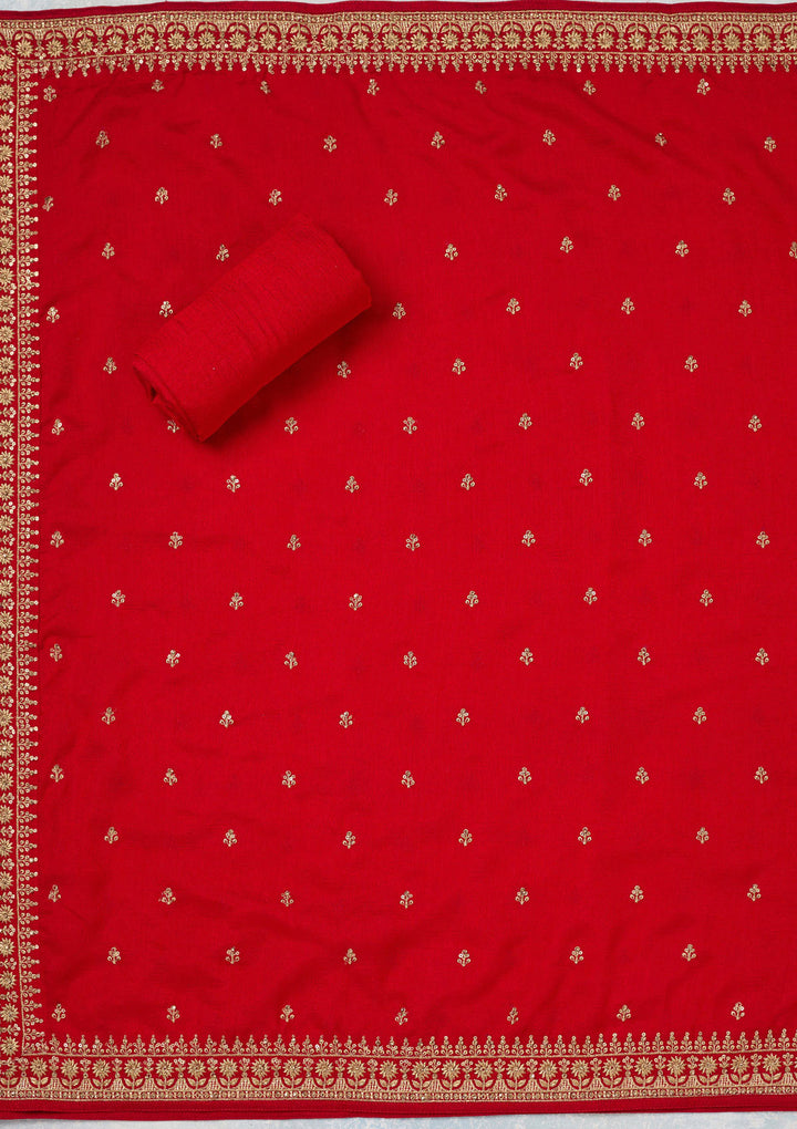 Red Zariwork (Gold) Soft Raw Silk Unstitched Salwar Suit