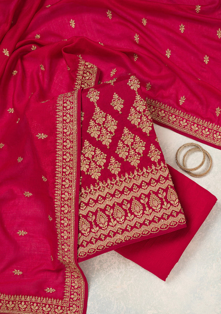 Rani Pink Zariwork (Gold) Soft Raw Silk Unstitched Salwar Suit
