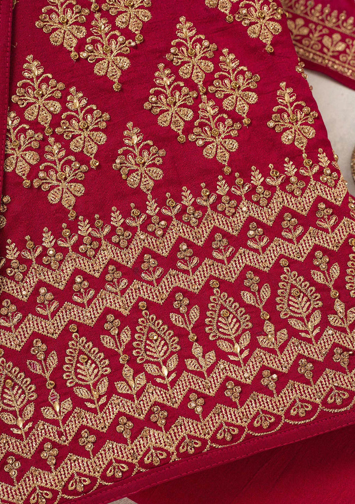 Rani Pink Zariwork (Gold) Soft Raw Silk Unstitched Salwar Suit