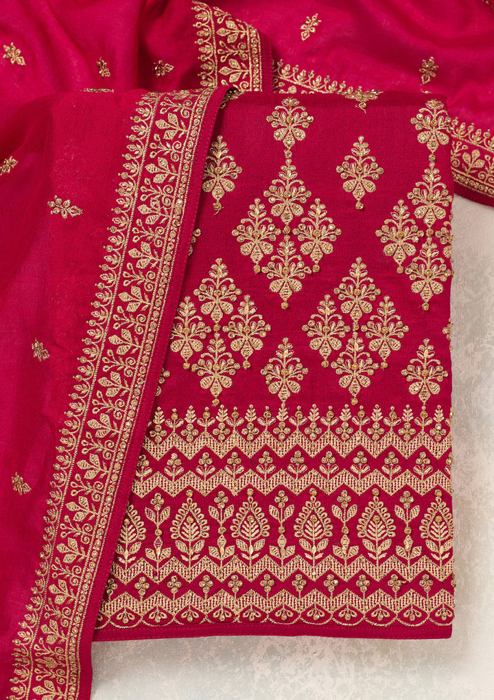 Rani Pink Zariwork (Gold) Soft Raw Silk Unstitched Salwar Suit
