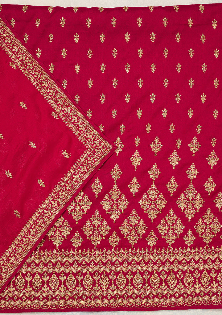 Rani Pink Zariwork (Gold) Soft Raw Silk Unstitched Salwar Suit