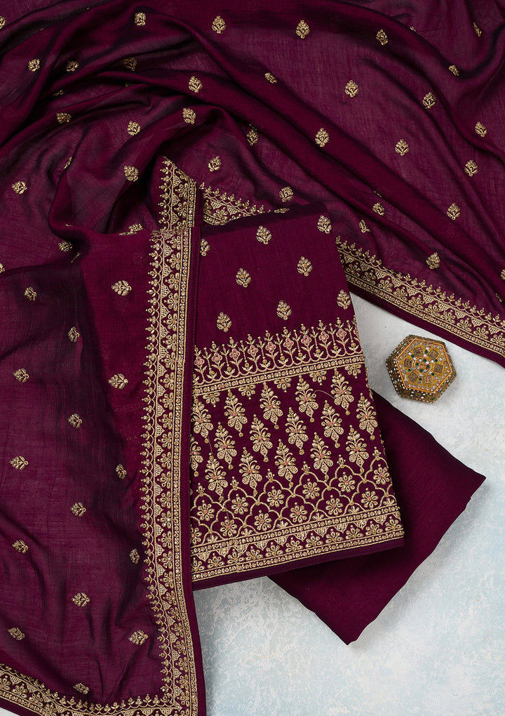 Wine Zariwork (Gold) Soft Raw Silk Unstitched Salwar Suit