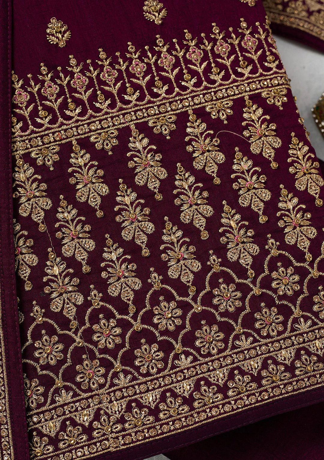 Wine Zariwork (Gold) Soft Raw Silk Unstitched Salwar Suit