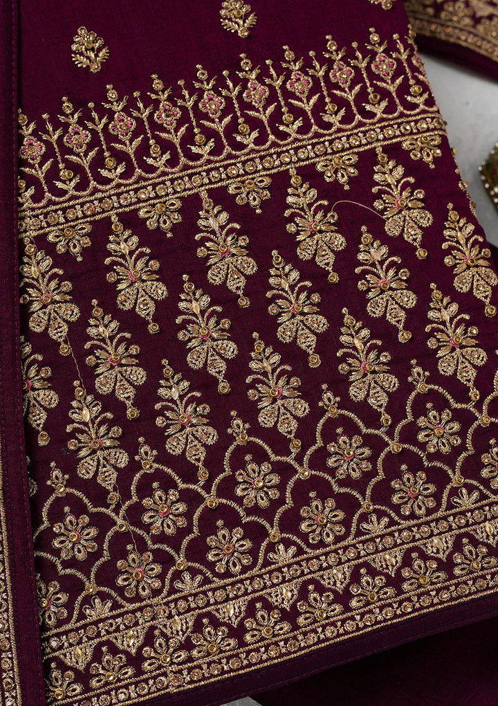 Wine Zariwork (Gold) Soft Raw Silk Unstitched Salwar Suit