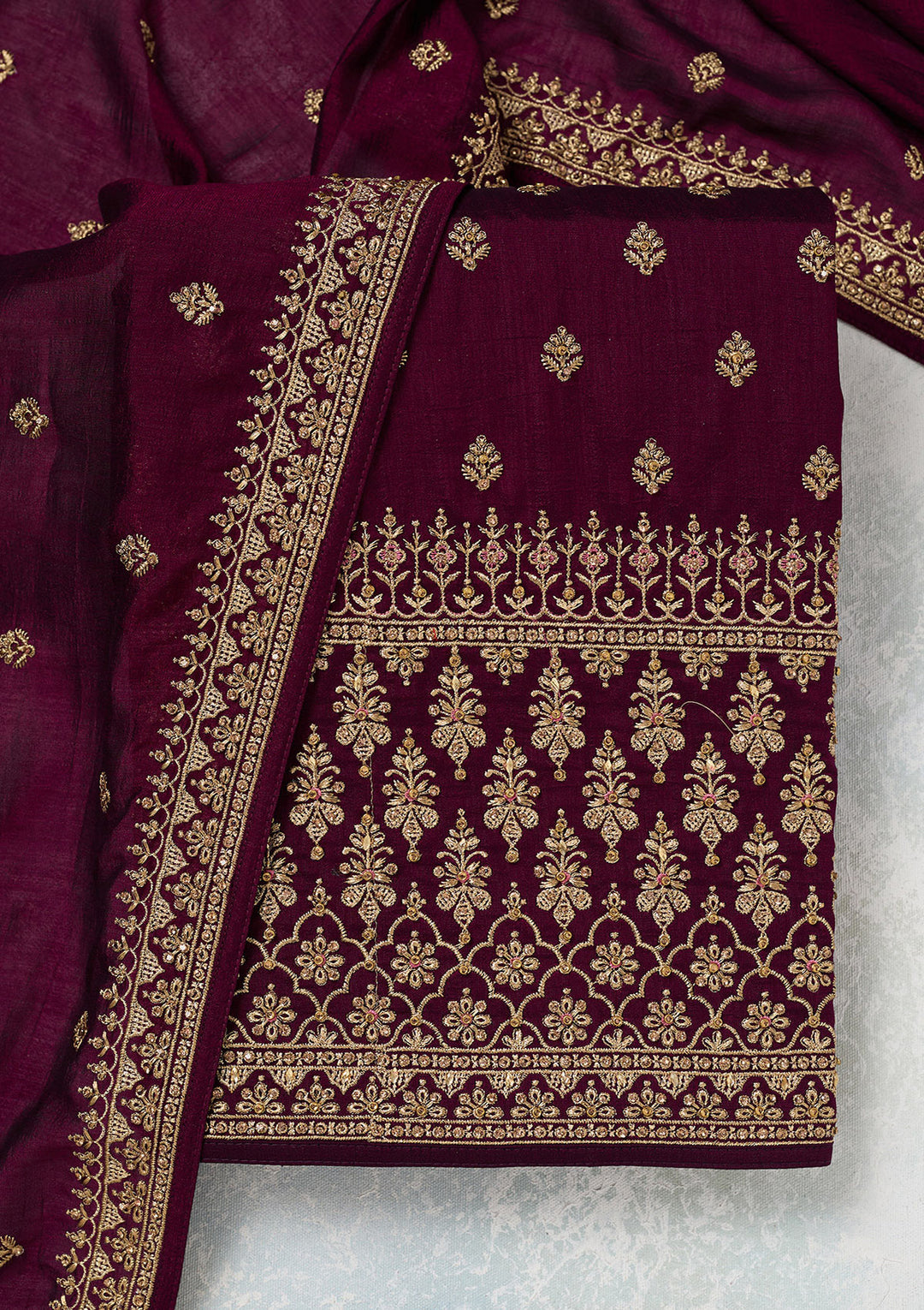 Wine Zariwork (Gold) Soft Raw Silk Unstitched Salwar Suit