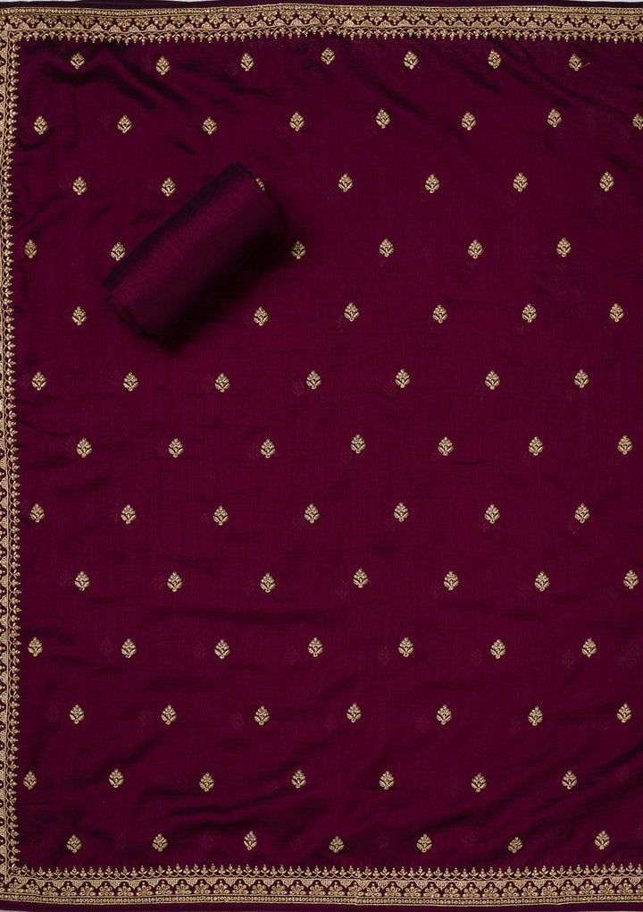 Wine Zariwork (Gold) Soft Raw Silk Unstitched Salwar Suit
