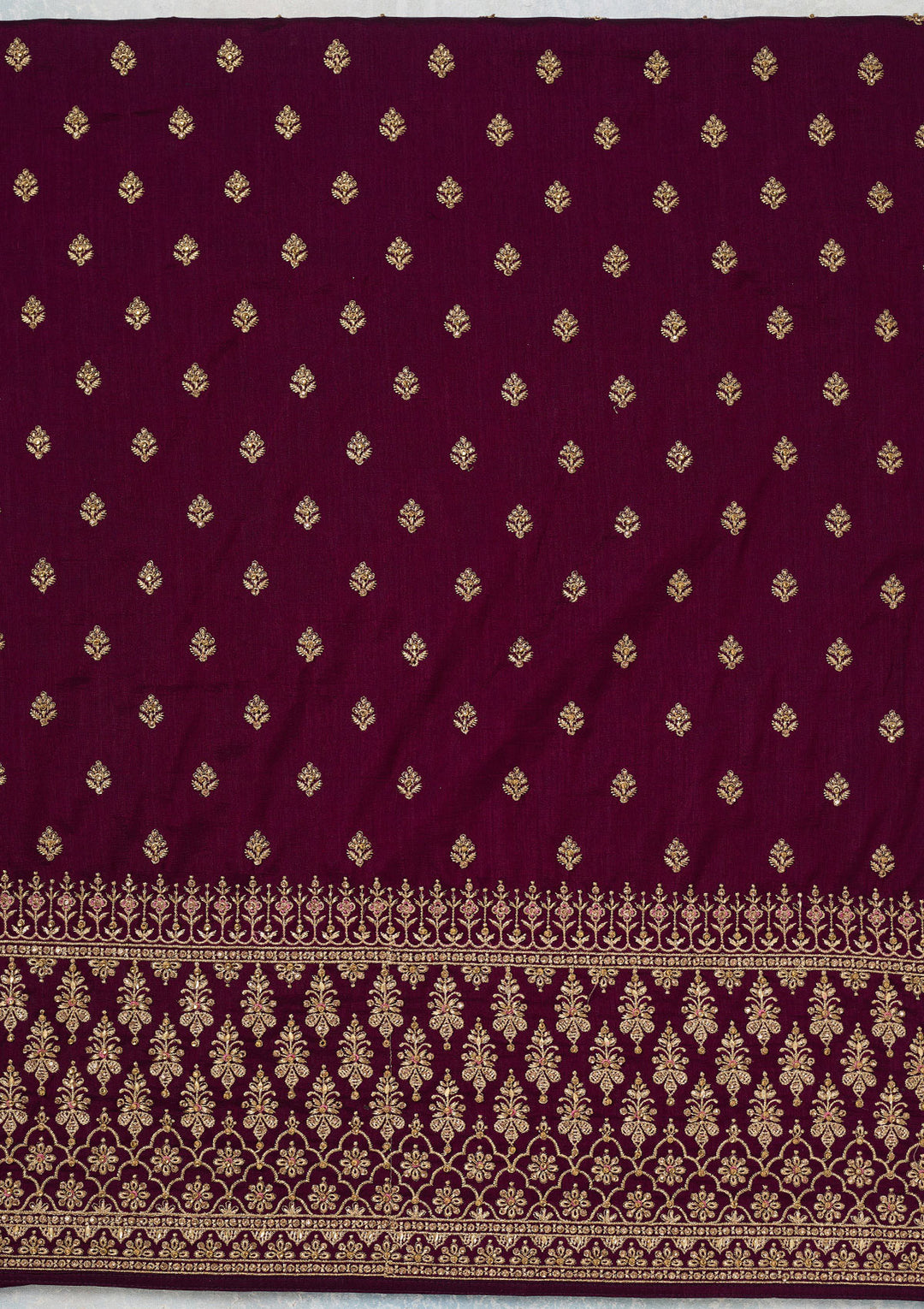 Wine Zariwork (Gold) Soft Raw Silk Unstitched Salwar Suit