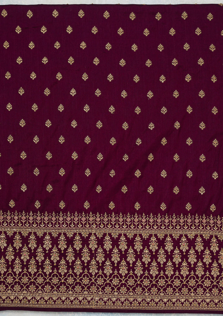Wine Zariwork (Gold) Soft Raw Silk Unstitched Salwar Suit