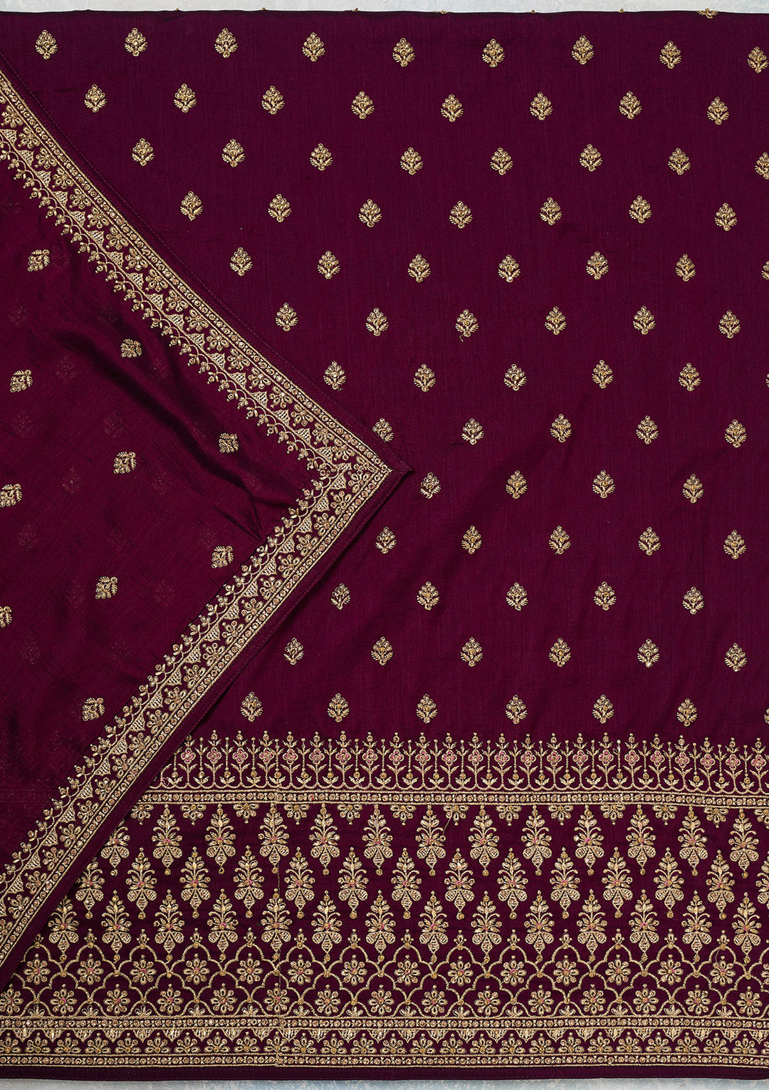 Wine Zariwork (Gold) Soft Raw Silk Unstitched Salwar Suit