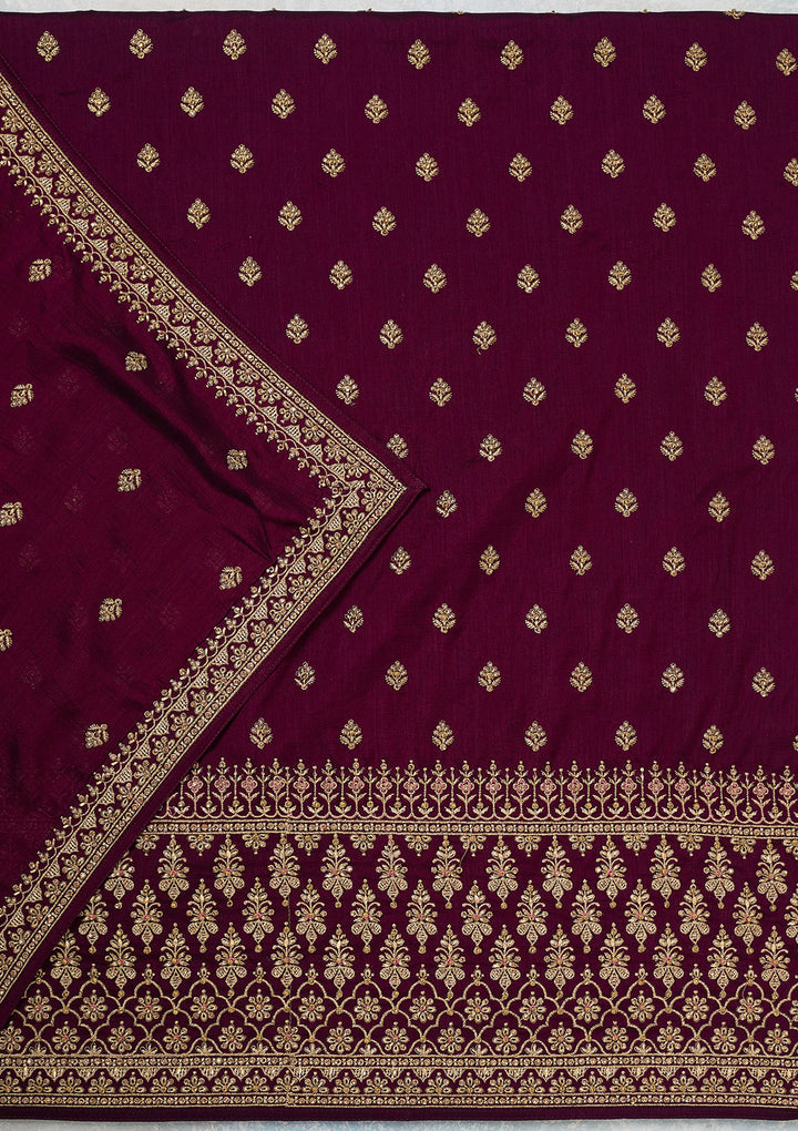 Wine Zariwork (Gold) Soft Raw Silk Unstitched Salwar Suit